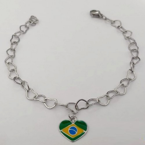 PULSEIRA EM AÇO INOXIDÁVEL - PULSEIRA CORRENTE CORAÇAO 18CM COM PINGENTE BANDEIRA DO " BRASIL " RESINADA EM FORMATO CORAÇÃO DE 13MM (AÇO3027) - ACPS000764