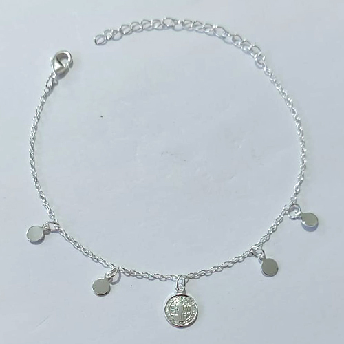 PULSEIRA FOLHEADA A PRATA COM 50 MILÉSIMOS + VERNIZ DIAMOND - PULSEIRA 15CM PINGENTE SÃO BENTO E BOLINHAS LISAS + EXTENSOR PRPS001320