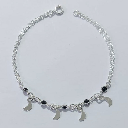 PULSEIRA FOLHEADA A PRATA COM 50 MILÉSIMOS + VERNIZ DIAMOND - PULSEIRA CORRENTE DUPLA COM PEDRAS CRISTAIS PRETA E LUAS LISAS PRPS001321