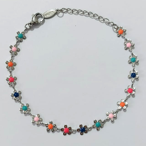 PULSEIRA EM AÇO INOXIDÁVEL - PULSEIRA 15CM COM MARGARIDAS COLORIDAS + EXTENSOR E FECHO LAGOSTA - ACPS000772