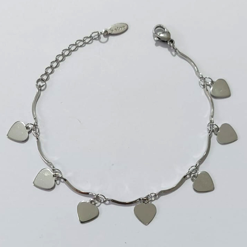 PULSEIRA EM AÇO INOXIDÁVEL - PULSEIRA 17CM COM CORAÇÕES LISOS E PENDURADOS E FECHO LAGOSTA - ACPS000777