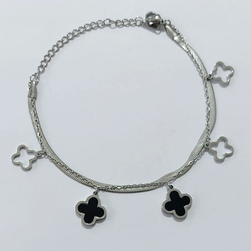 PULSEIRA EM AÇO INOXIDÁVEL - PULSEIRA DUPLA 17CM COM TREVO PRETOS E VAZADOS + EXTENSOR ACPS000801