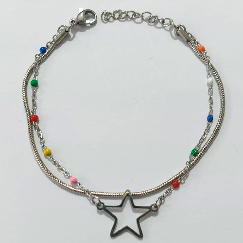 PULSEIRA EM AÇO INOXIDÁVEL - PULSEIRA DUPLA 16CM COM RABO DE RATO E BOLINHAS COLORIDAS E ESTRELA VAZADA + EXTENSOR ACPS000802