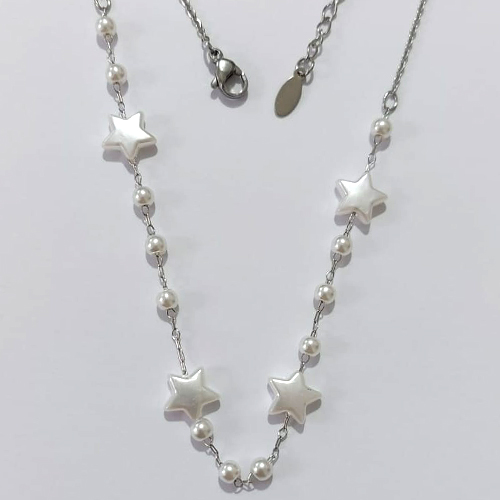 O GARGANTILHA EM AÇO INOXIDÁVEL - GARGANTILHA 40CM COM ESTRELAS E BOLAS EM PÉROLAS + EXTENSOR - ACGG000586
