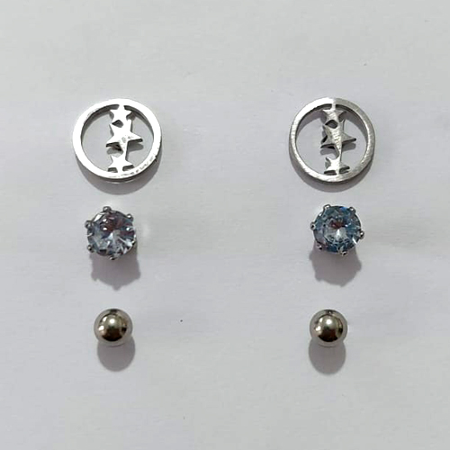 TRIO DE BRINCO EM AÇO INOXIDÁVEL- TRIO DE BRINCO DE PINO BOLINHA ZIRCÕNIA E ESTRELA 9/6/4MM ACBR000560