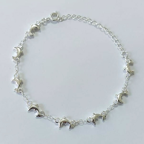 PULSEIRA FOLHEADA A PRATA COM 50 MILÉSIMOS + VERNIZ DIAMOND - PULSEIRA 16CM + EXTENSOR - COM GOLFINHOS - (PRA1238) PRPS001350