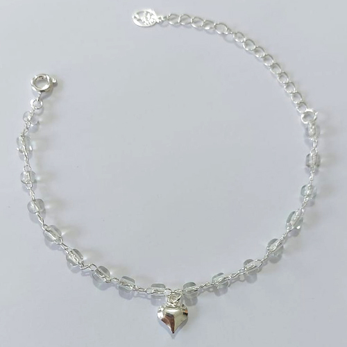 PULSEIRA FOLHEADA A PRATA COM 50 MILÉSIMOS + VERNIZ DIAMOND - PULSEIRA 15CM + EXTENSOR - COM MIÇANGAS E CORAÇÃO - (PRA1240) PRPS001351