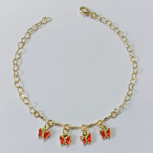 PULSEIRA FOLHEADA A OURO - BANHADO COM 3 MILÉSIMOS + VERNIZ DIAMOND - PULSEIRA 20CM COM BORBOLETAS VERMELHAS DE VIDRO OUPS000197