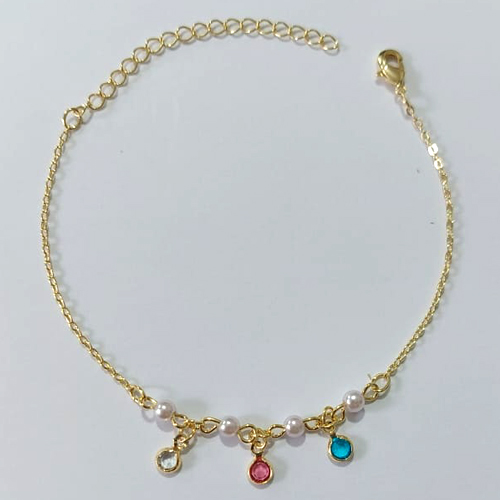 PULSEIRA FOLHEADA A OURO - BANHADO COM 3 MILÉSIMOS + VERNIZ DIAMOND - PULSEIRA 15CM COM PÉROLAS E PEDRAS CRISTAIS COLORIDAS + EXTENSOR OUPS000194