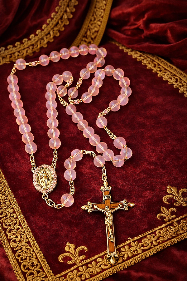 Terço de Nossa Senhora em Vidro Opalina Rosa com Medalha Decorada e Crucifixo Exclusivo em Metal e Madeira