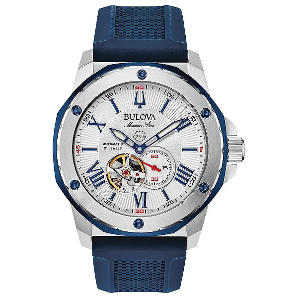 Relógio Bulova Marine Star Automático Prata Azul 98A225