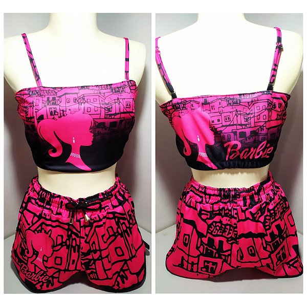 Kit Feminino Conjunto Cropped e Shorts Cor de  Rosa Barbie