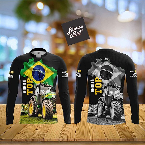 Camiseta Patriota Preta Brasil Agro É Top Ag11 Proteção Uv50+