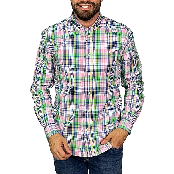 CAMISA POLO RALPH LAUREN OXFORD ROSA COM VERDE