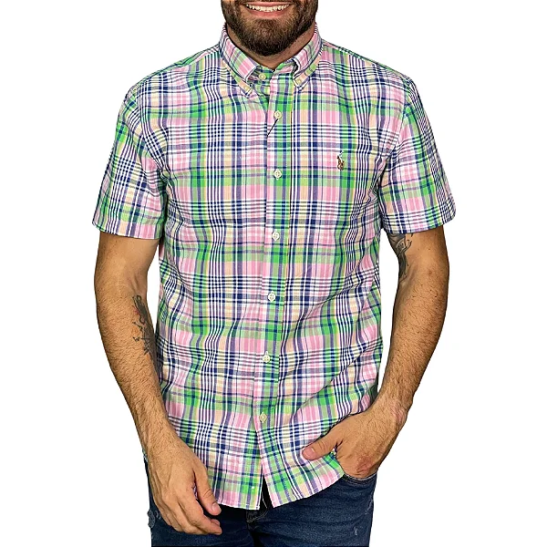 CAMISA POLO RALPH LAUREN OXFORD ROSA COM VERDE MANGA CURTA
