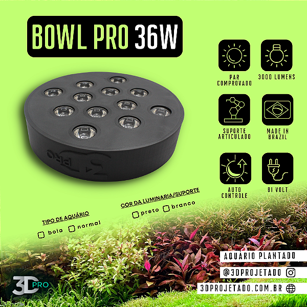 Luminaria Bowl Pro 36W 3000 lumens - Luminaria para Aquário Plantado