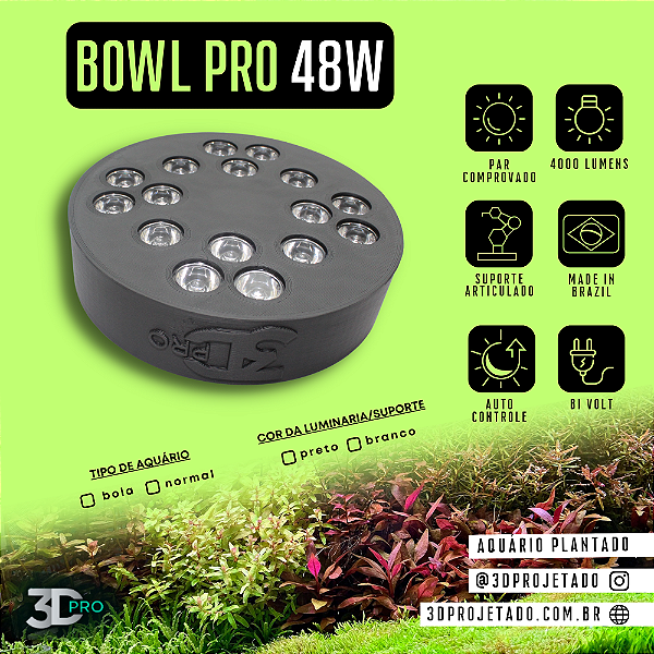 Luminaria Bowl Pro 48W 4000 lumens - Luminaria para Aquário Plantado