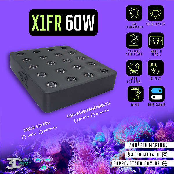 Luminaria X1-FR 60W (WI-FI) 5000 lumens - Luminaria para Aquário Marinho