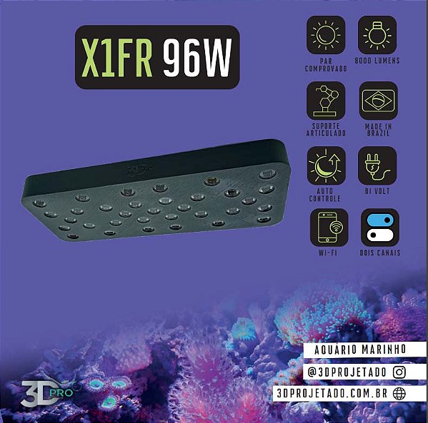 Luminaria X1-FR 96W (WI-FI) 8000 lumens - Luminaria para Aquário Marinho