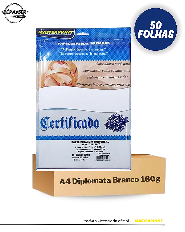 Papel Sulfite Opaline offset Diplomata Offset Liso Branco A4 180g – 50 Folhas MastePrint Premium
