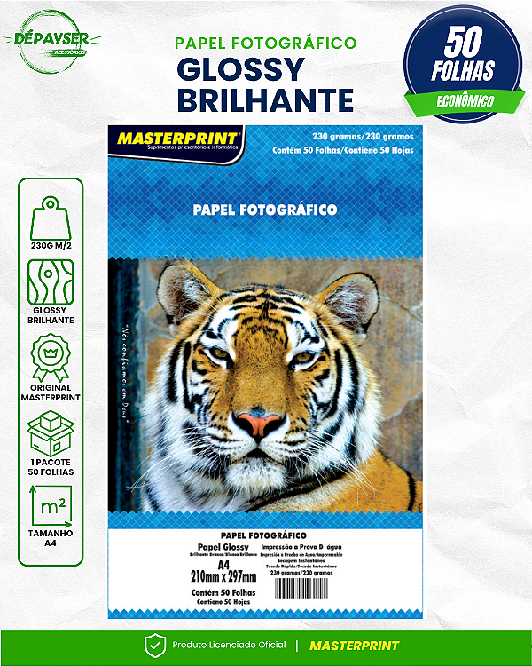 Papel Fotográfico Glossy Brilhante A4 230g - 50 Folhas Masterprint Premium
