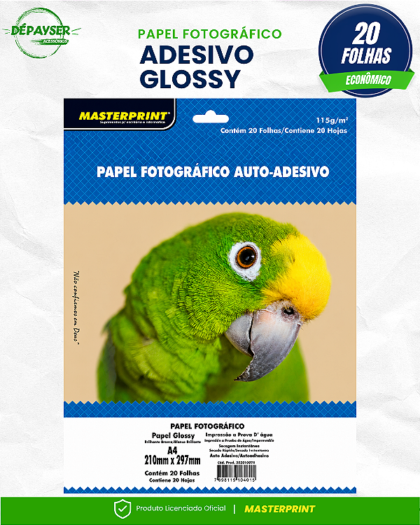 Papel Fotográfico Glossy Adesivo A4 115g - 20 Folhas Masterprint Premium