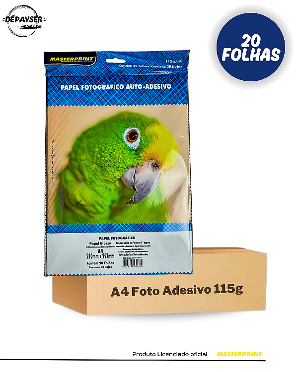 Papel Fotográfico Glossy Adesivo A4 115g - 20 Folhas Masterprint Premium