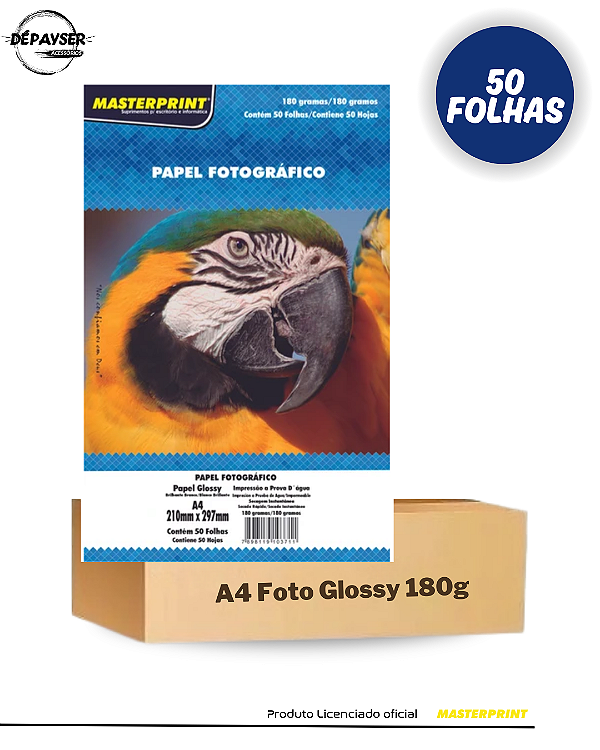 Papel Fotográfico Glossy Brilhante A4 180g – 50 Folhas Masterprint Premium