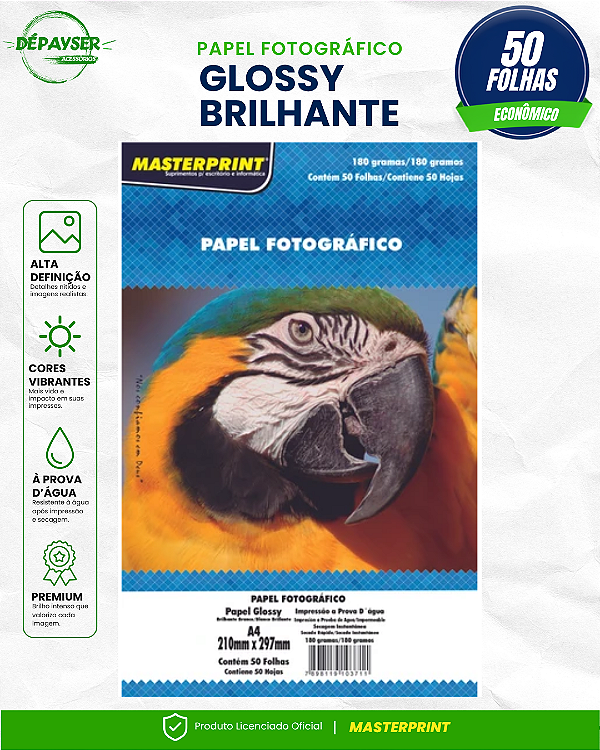 asterprint PrPapel Fotográfico Glossy Brilhante Sem Adesivo A4 180g Memium 50 Folhas para Jato de Tinta