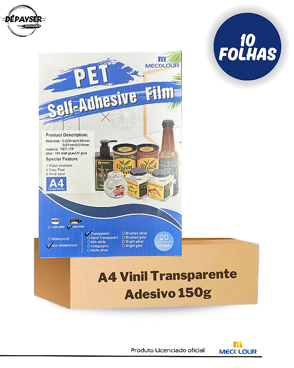 Filme Adesivo Vinil Inkjet A4 150g Transparente - 10 Folhas Mecolour
