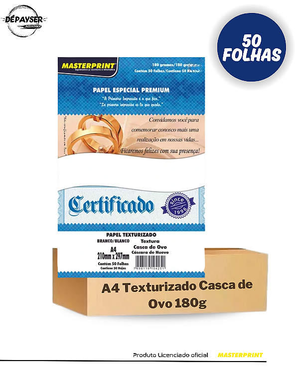 Papel Casca De Ovo Branco A4 180g - 50 Folhas Masterprint Premium