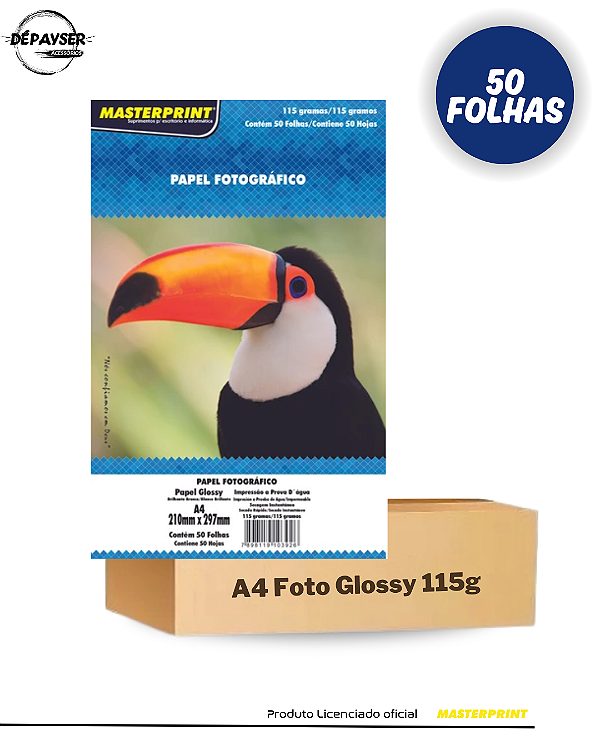 Papel Fotográfico Glossy A4 115g - 50 Folhas Masterprint À Prova D´água Inkjet