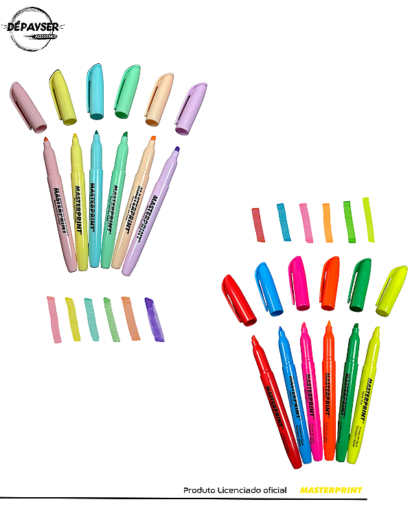 Kit 12 Marca Texto Masterprint (6 Neons + 6 Pastéis) Premium Amarelo-pastel