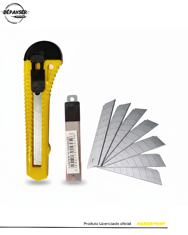 Estilete Grande 18mm com Trava de Segurança + 10 Lâminas Reposição - Corte Preciso