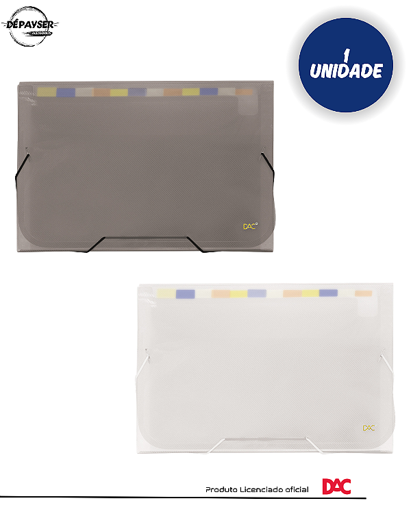 Pasta Sanfonada Dac Organizadora de Documentos A4 12 Divisórias Coloridas - Transparente/ Fumê