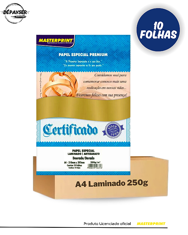 Papel Laminado Liso Dourado A4 250g - 10 Folhas Masterprint 1 Face Premium