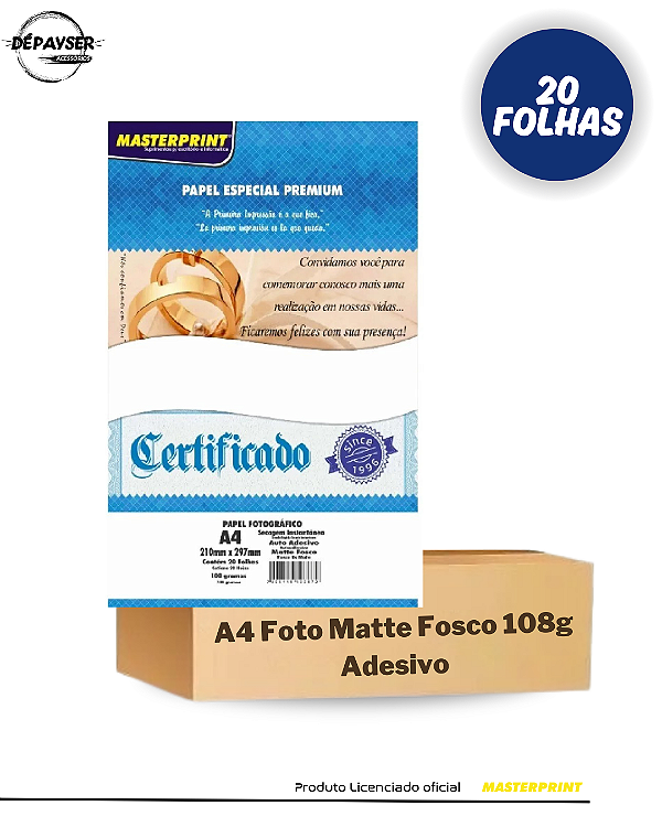 Papel Fotográfico Matte Adesivo A4 108g – 20 Folhas Masterprint Premium