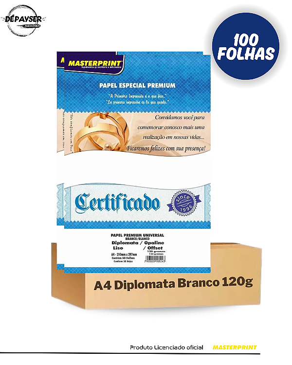 Papel Sulfite Opaline offset Diplomata A4 120g Branco – 100 Folhas MasterPrint Premium
