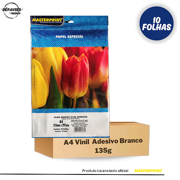 Papel Vinil Adesivo Branco Glossy A4 135g – 10 Folhas Masterprint à Prova d’Água