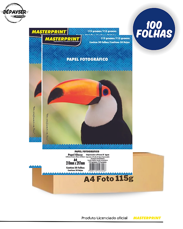 Papel Fotográfico Glossy A4 115g - 100 Folhas Masterprint À Prova D´água Inkjet