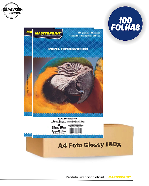 Papel Fotográfico Glossy Brilhante A4 180g – 100 Folhas Masterprint Premium