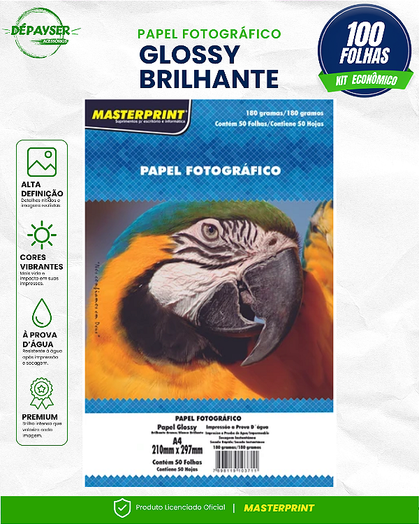 Papel Fotográfico Glossy Brilhante Sem Adesivo A4 180g Masterprint Premium 100 Folhas para Jato de Tinta