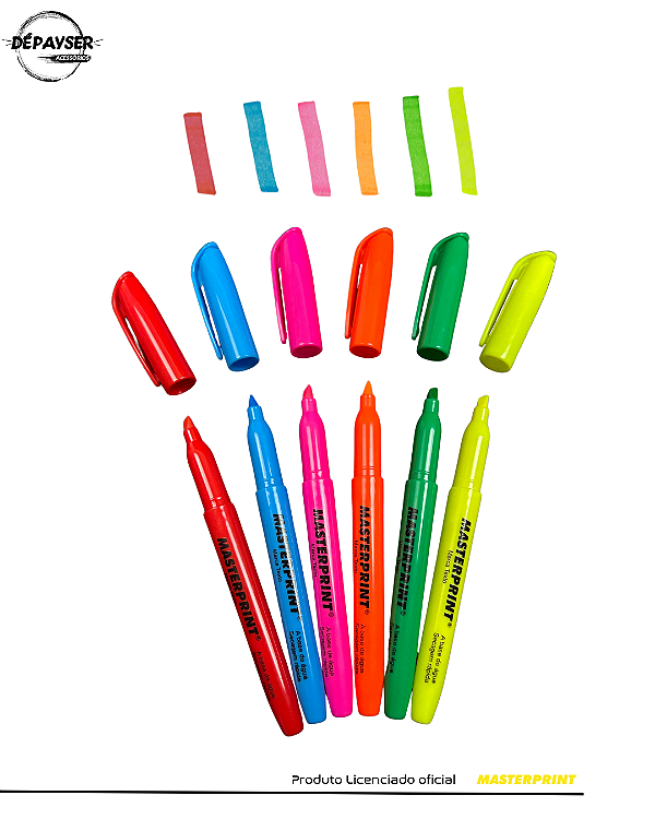 Kit com 6 Marca-Textos Neon Masterprint – Cores Vibrantes para Estudo e Escritório