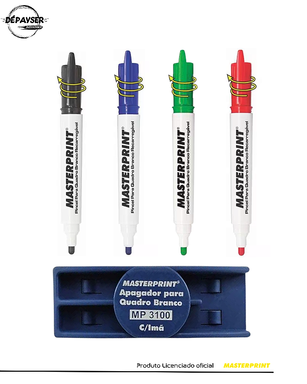 Kit Apagador para Quadro Branco com 4 Pincéis Recarregáveis