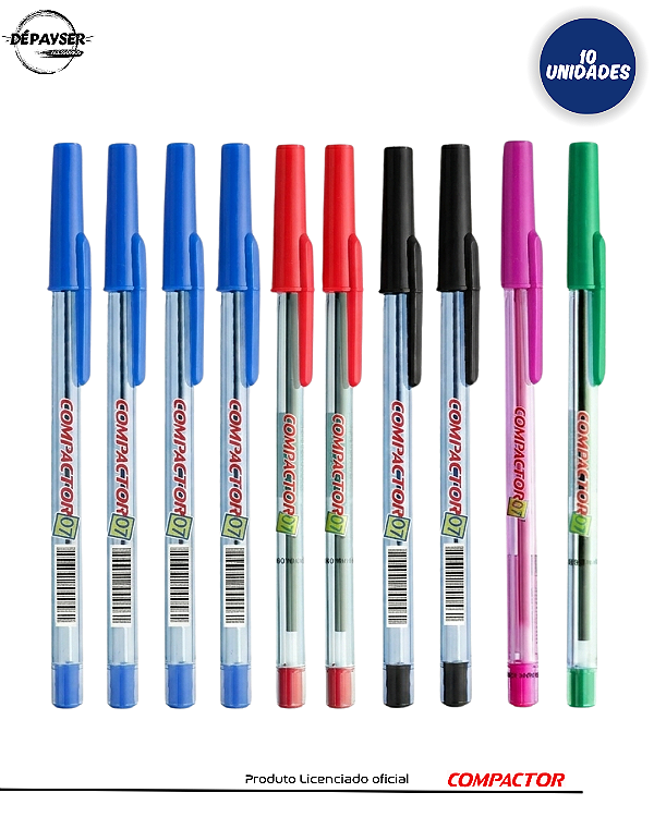 Kit 10 Canetas Esferográficas Compactor 0.7mm Ponta Fina Premium – Escrita Suave e Precisa