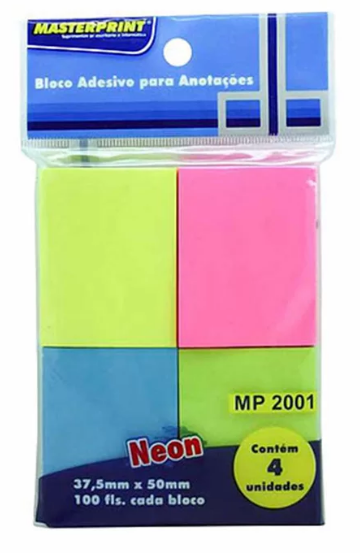 Bloco Adesivo Masterprint 37,5x50 C/4x100 Folhas Neon Mp2001