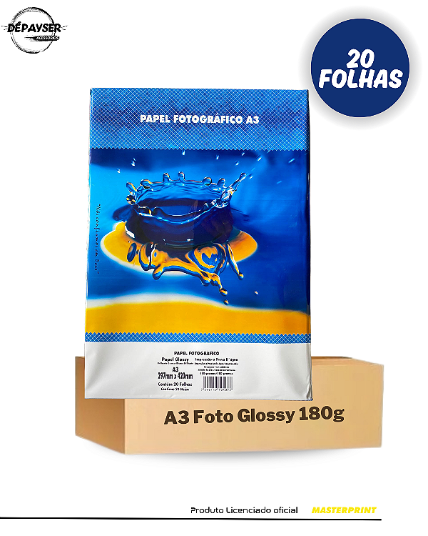 Papel Fotográfico Glossy A3 180g 20 Folhas Masterprint Premium