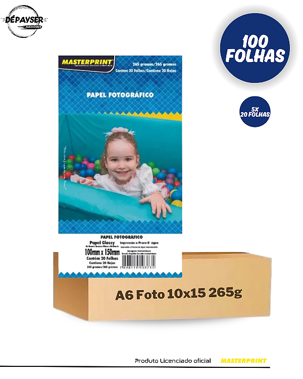 Papel Fotográfico Glossy 10x15cm A6 265g Branco Brilhante - 100 Folhas