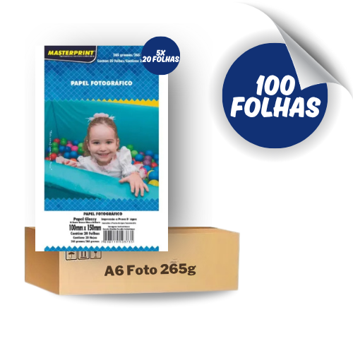 Papel Fotográfico Glossy 10x15cm A6 265 g Branco Brilhante - 100 Folhas