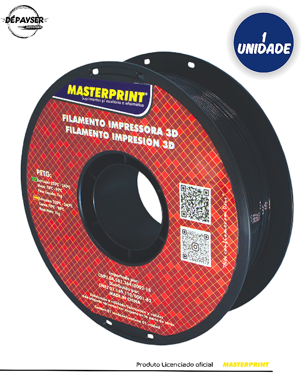 Filamento 3D PETG Preto 1.75mm 1kg Masterprint – Alta Resistência Térmica e Rigidez para Impressão 3D